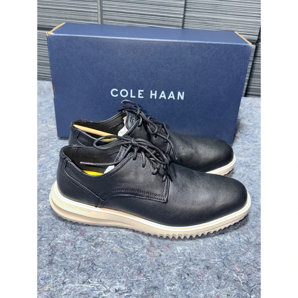 Cole Haan Grand+ Plain‎ Toe Oxford Black Leather Ivory Mens 8.5M Shoes C36934
